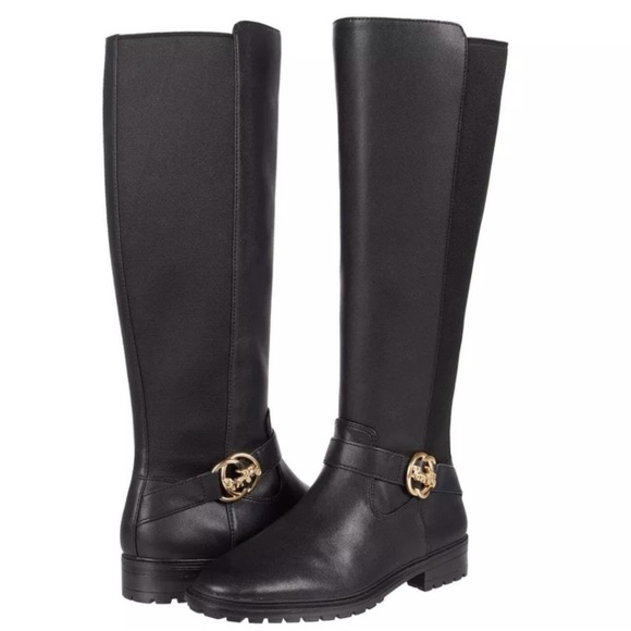 COACH Farrah ll Leather Knee High Riding Boot Black Gold Buckle 6.5 - Picture 1 of 7